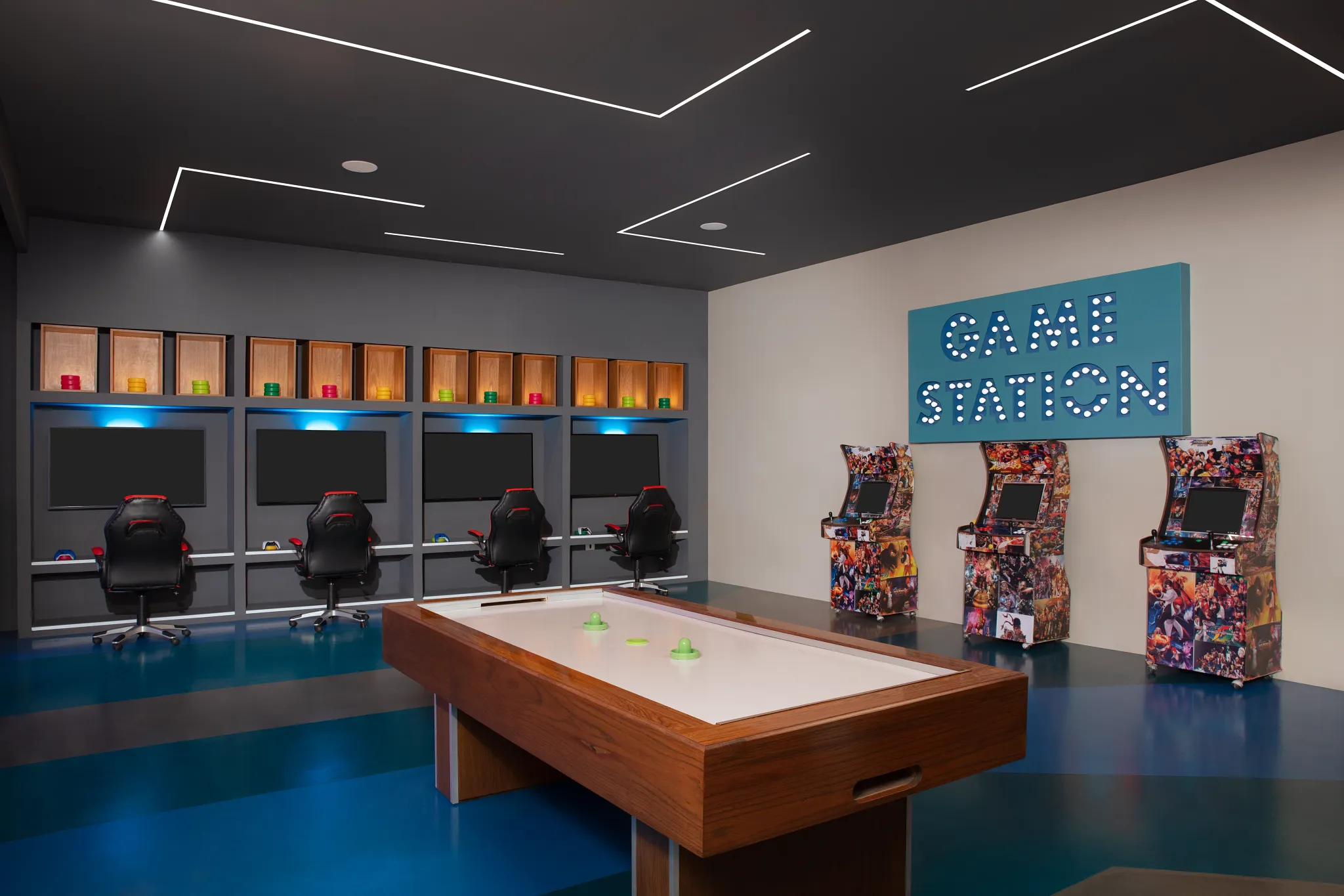 Modern Core Zone game room at Dreams Sapphire Resort & Spa featuring arcade machines, gaming stations, and air hockey.